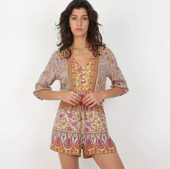 Spell Blossom Bohemian Floral Romper Orange Yellow Size Small - Picture 1 of 13